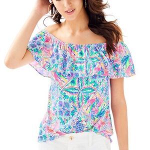 Lilly Pulitzer Pink and Blue Ruffled Short Sleeve Blouse Sz small